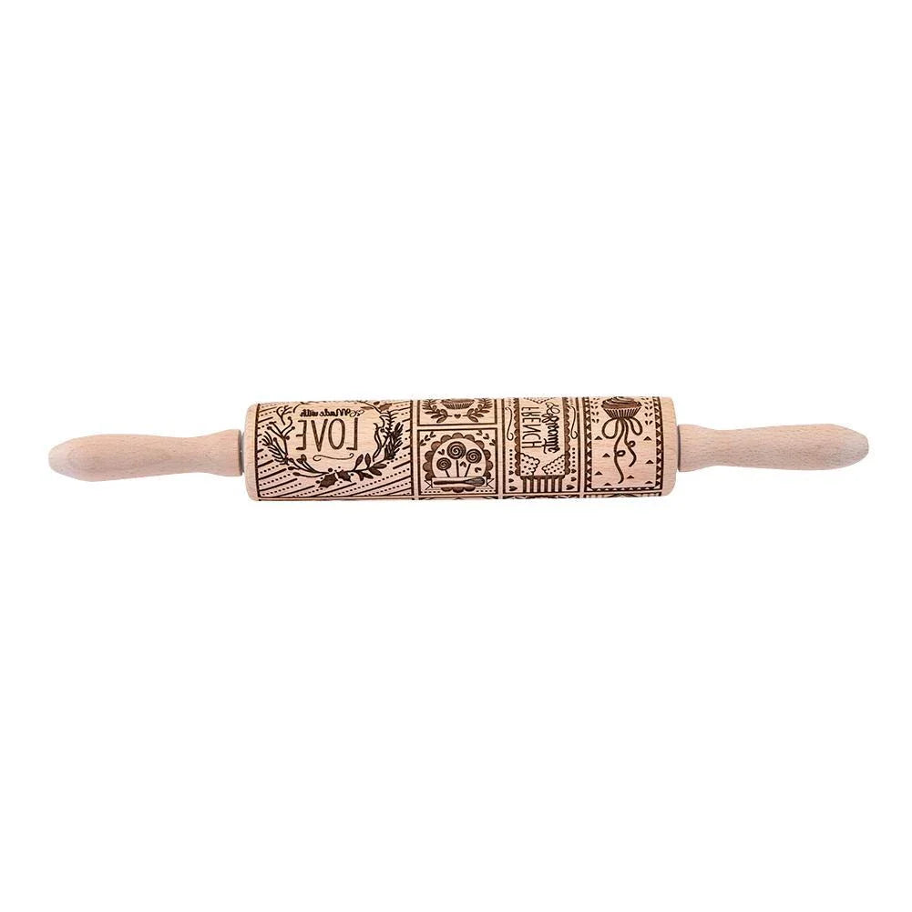 Christmas Snowflake Rolling Pin with detailed engraving on natural hardwood