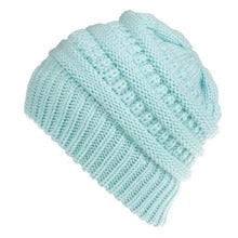 Mixed colour knitted wool hat for ladies with ponytail opening, available in various colours