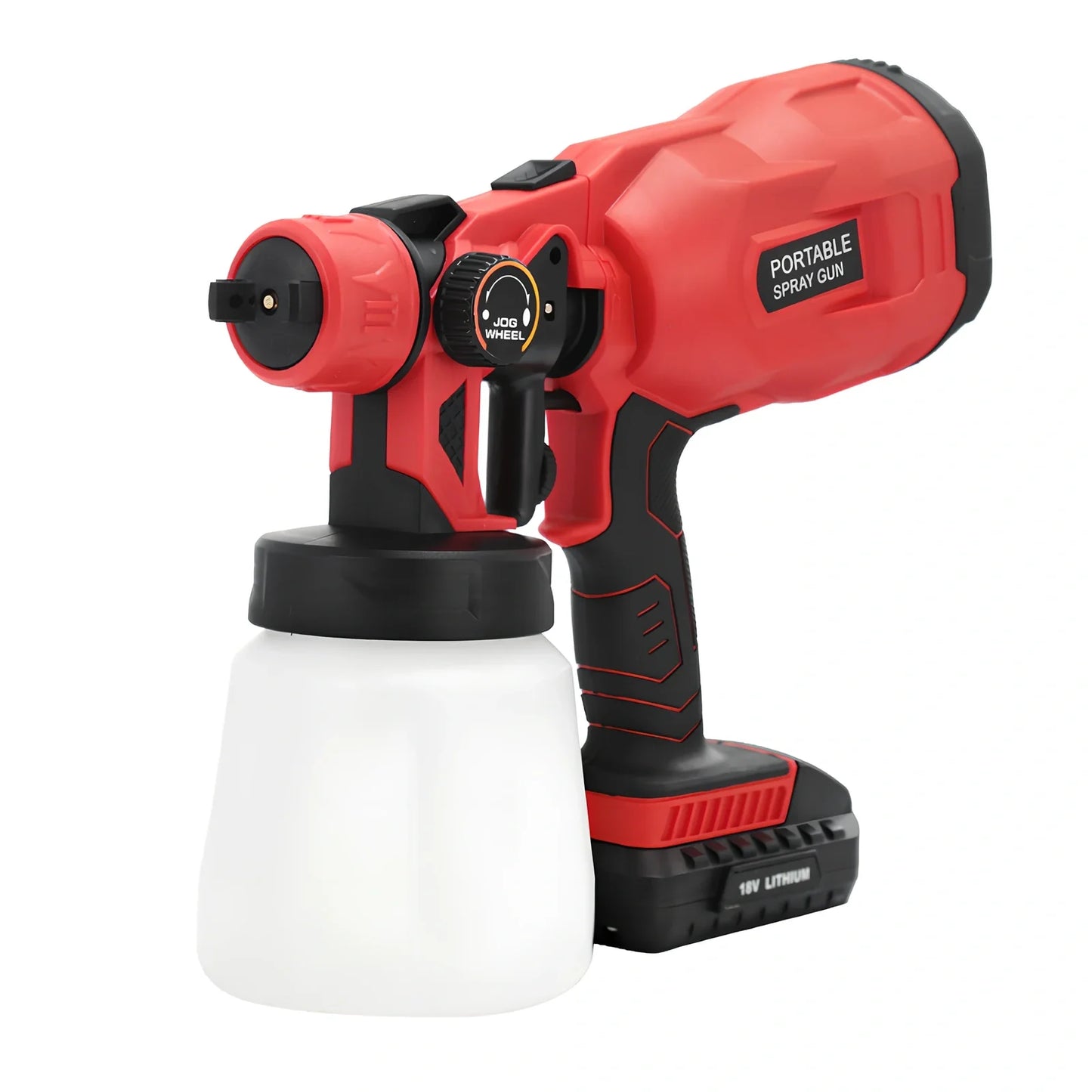 Red cordless paint sprayer gun with 800ml reservoir, 550W motor, 1.8mm nozzle for 300mm spraying distance
