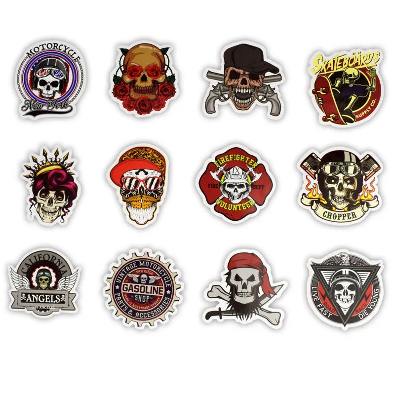 Skull head doodle sticker set of 50, PVC, waterproof, die-cut, multi-colour on white background