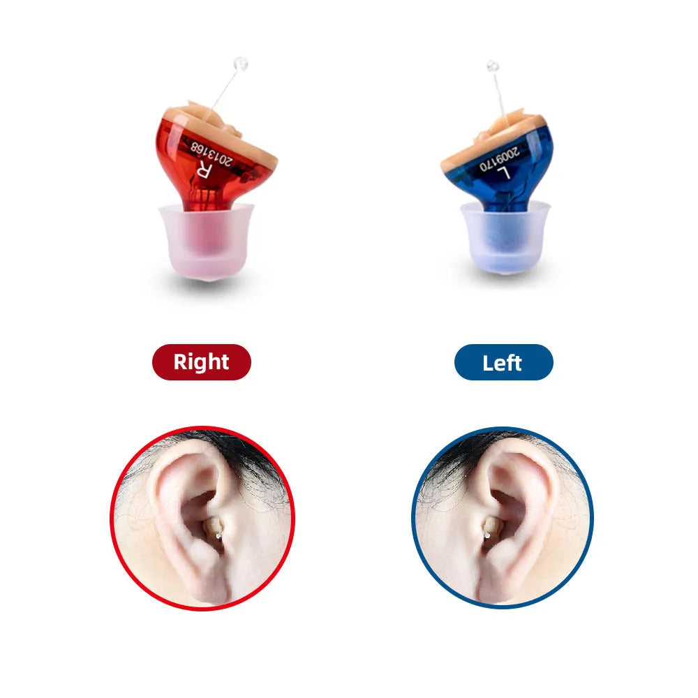 Q10 red and blue CIC mini hearing aids with ear tips, cleaning brush, batteries, and adjustment tool.