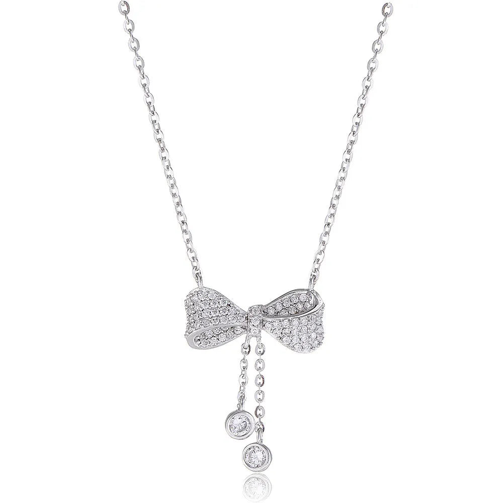 S925 sterling silver bow pendant necklace with O-ring chain, silver colour, 40-45cm adjustable length