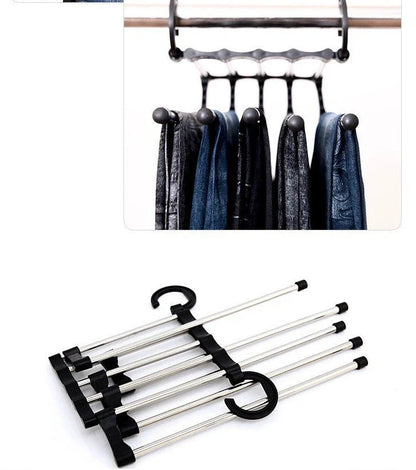Versatile 5-in-1 stainless steel clothing rack with dual-hook system for organised wardrobe