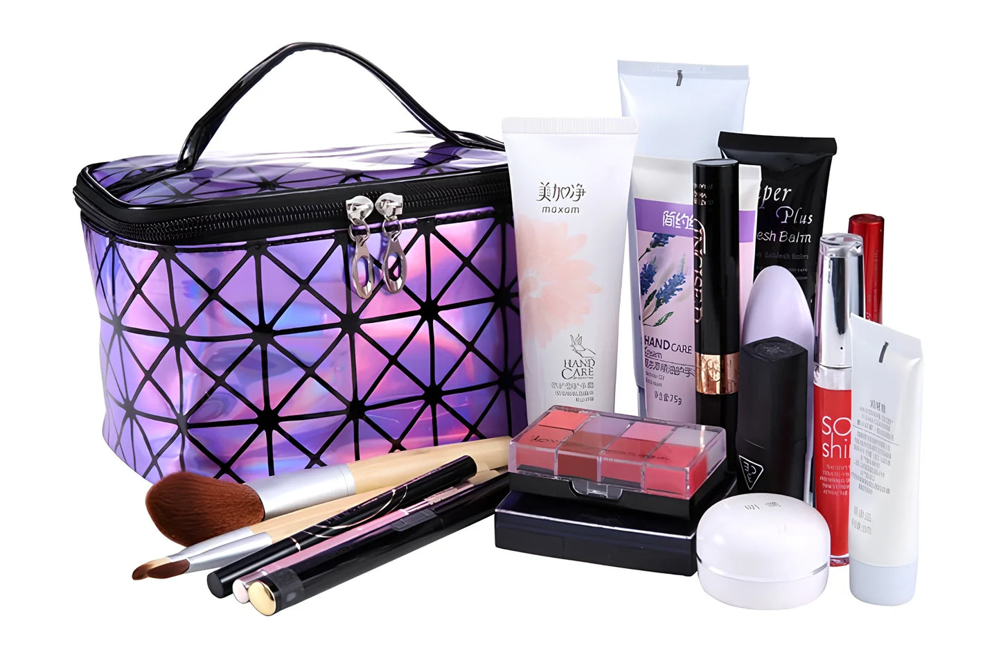 3D laser engraved cosmetic bag in blue, 19cm x 12cm x 13cm, with structured compartments for makeup storage