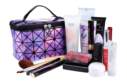 3D laser engraved cosmetic bag in blue, 19cm x 12cm x 13cm, with structured compartments for makeup storage