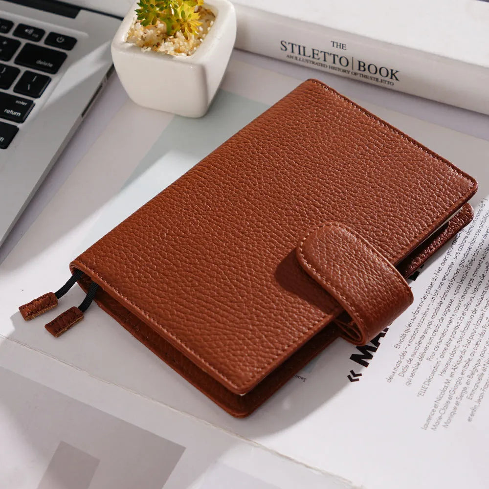 A6 leather notebook with Lychee pattern cowhide cover in off white, pink, or white colour options