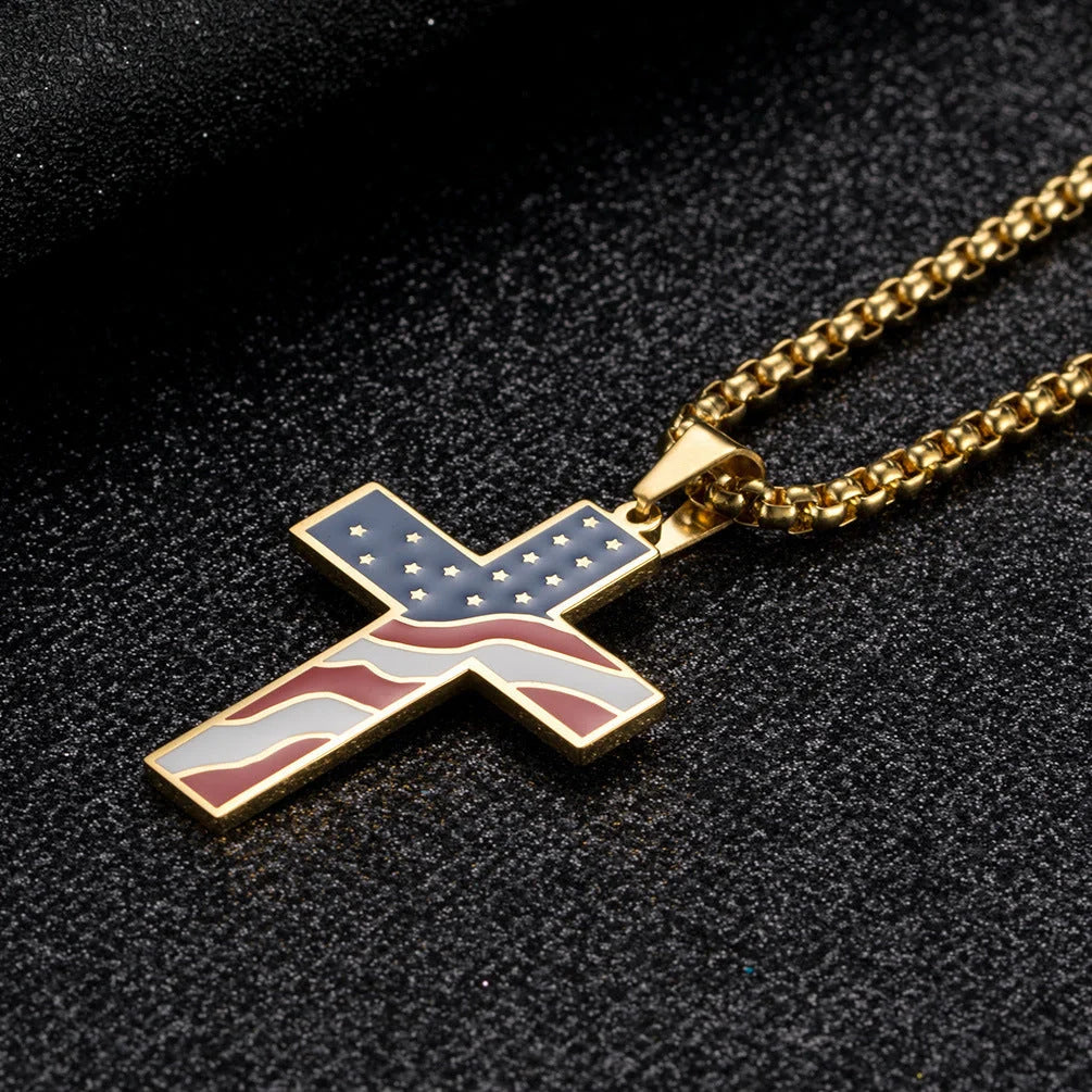 Men's stainless steel flag cross necklace in Black, Gold, and Silver options