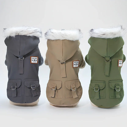 Grey cap dog coat hoodie on small breed like Chihuahua, warm wool blend for autumn winter, sizes S-XXL available