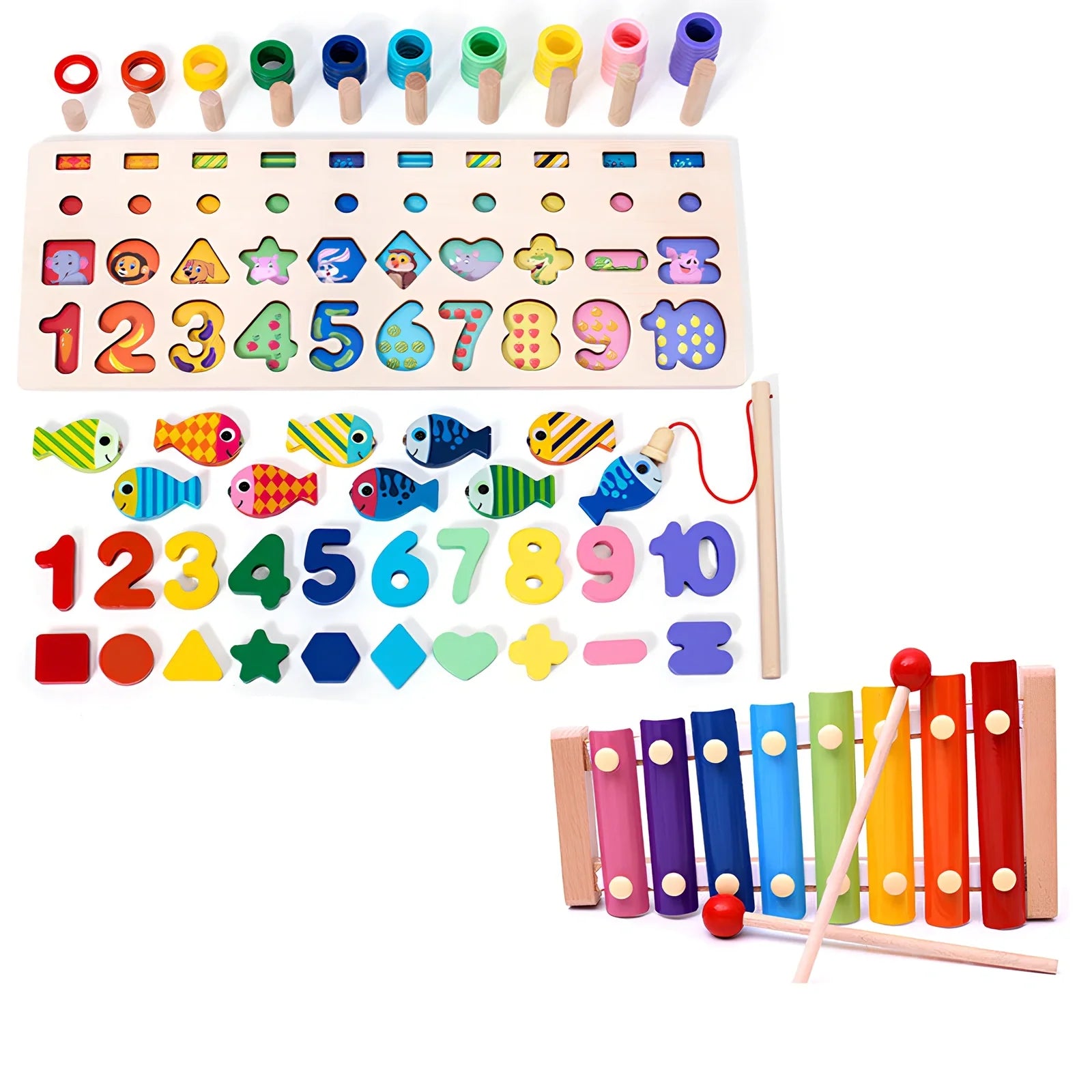 Wooden 3D alphabet number puzzle board 42x16x8 cm with geometric letter and number pieces in ocean blue theme