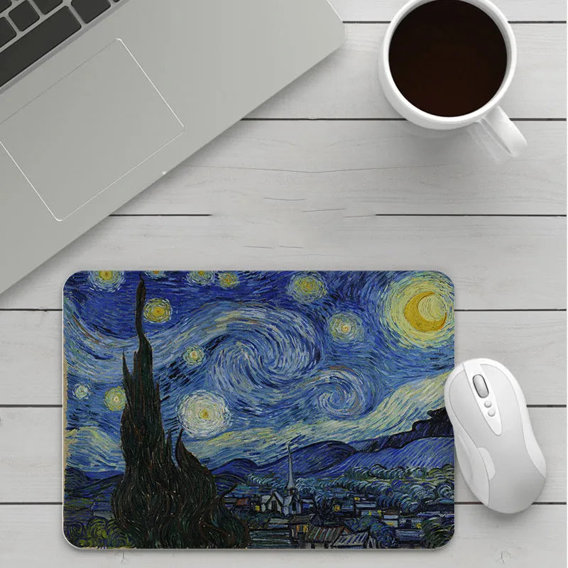 Cartoon design mouse pad on a desk, showing non-slip rubber base and cloth top surface.