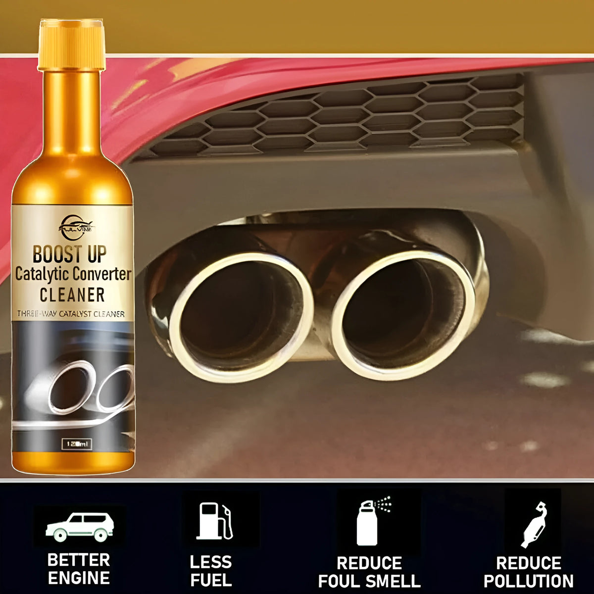 120ml catalytic converter cleaning agent in a bottle, 15cm height, 4cm diameter
