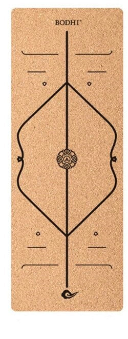 Cork yoga mat showing asana guide lines pattern with 183cm length and natural texture surface