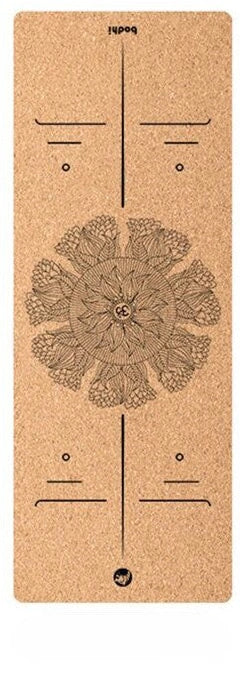 Cork yoga mat showing asana guide lines pattern with 183cm length and natural texture surface