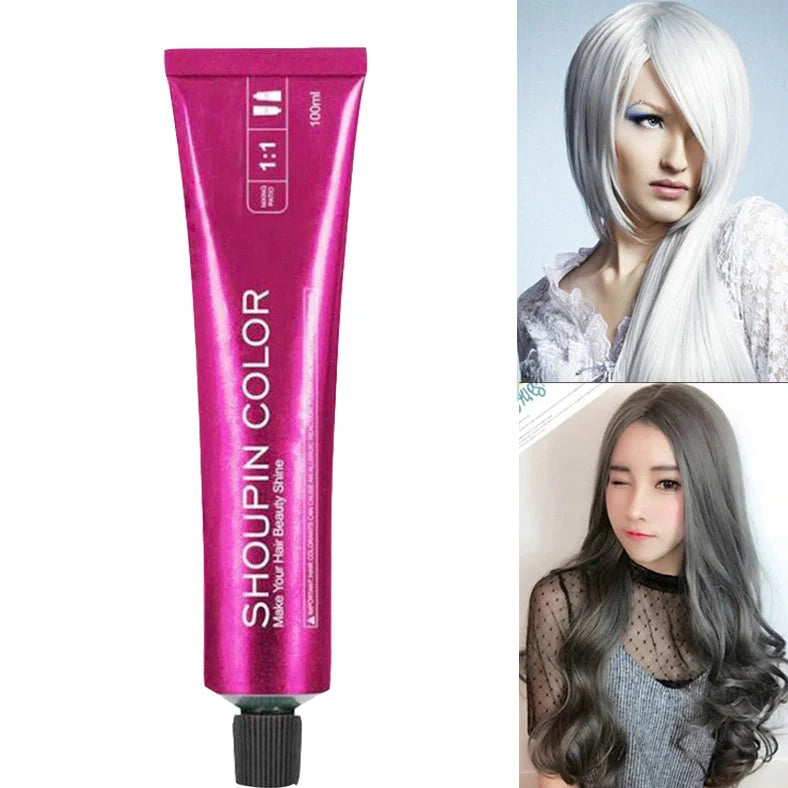 Ammonia-free hair dye 100ml tube with colour chart showing 40+ shades including WG75 cold brown and C5-66 purple