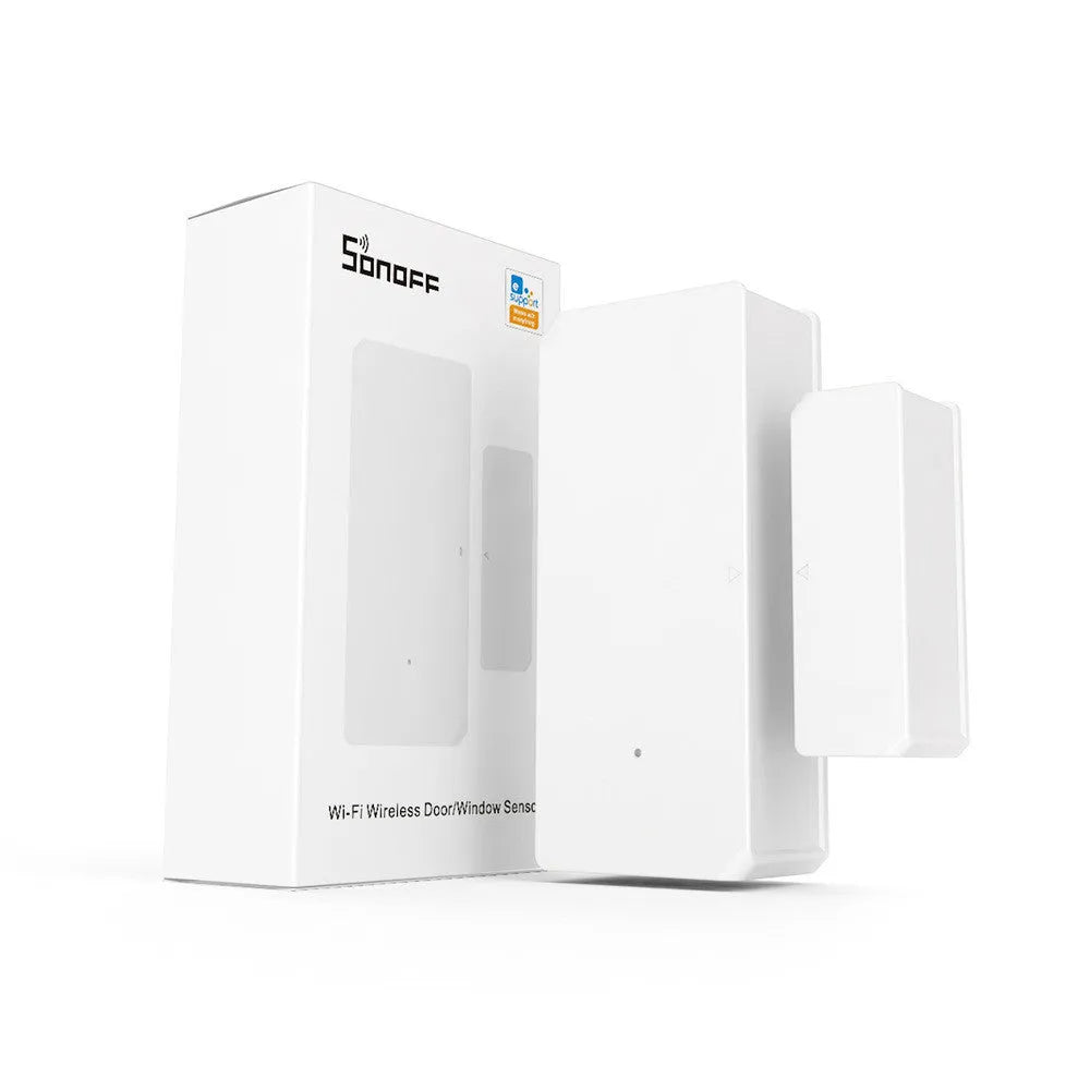 Wireless WiFi door and window sensor with white PC housing and adhesive strip for tool-free installation