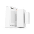 Wireless WiFi door and window sensor with white PC housing and adhesive strip for tool-free installation