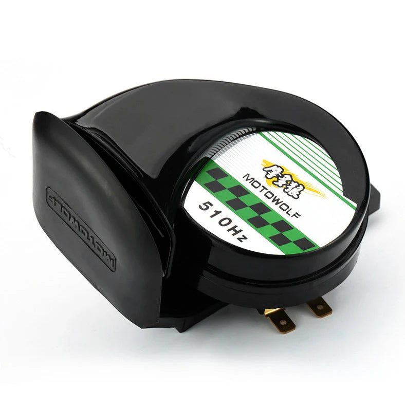 12V motorcycle horn in black measuring 12.7x8.1cm with 110dB output