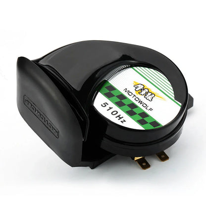 12V motorcycle horn in black measuring 12.7x8.1cm with 110dB output