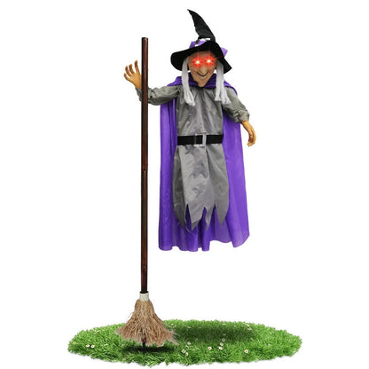 Halloween flying witch decoration with broom and scary sound, 180cm tall