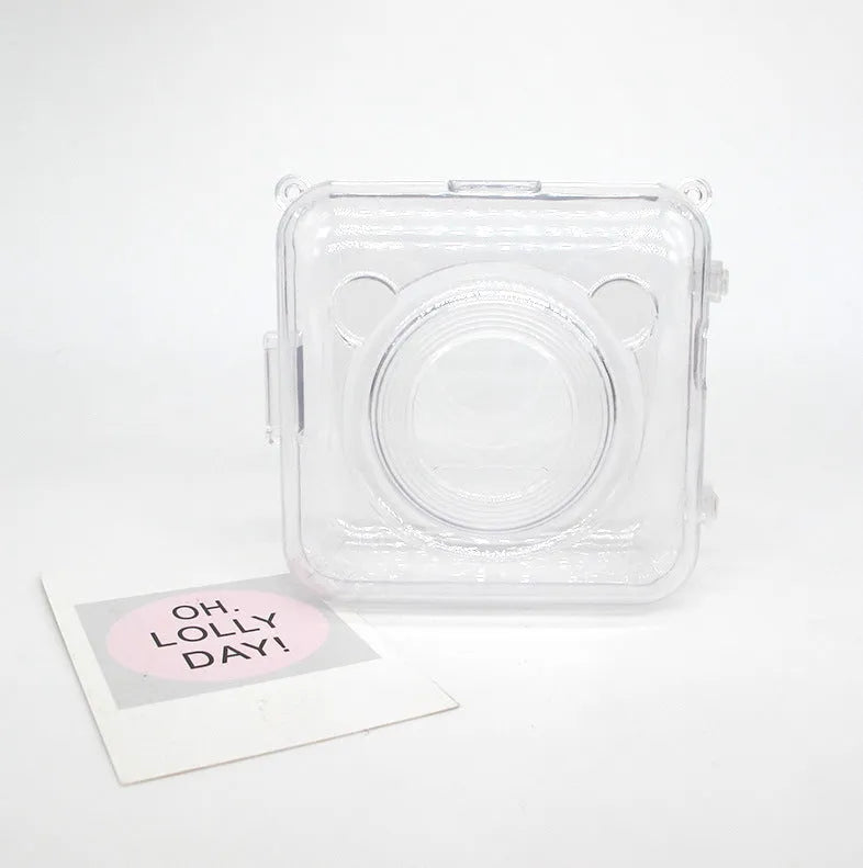 Crystal transparent PC protective case fitted on an Eric Bear A6 thermal printer, showing snap-on design