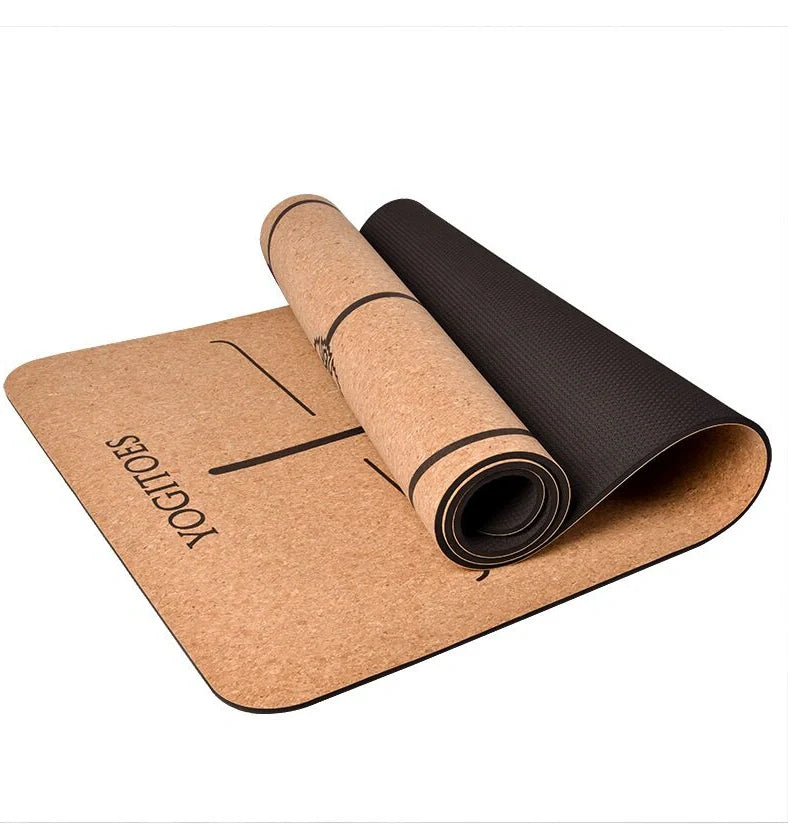 Cork yoga mat showing asana guide lines pattern with 183cm length and natural texture surface