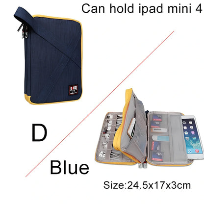 BUBM double-layer XL travel cable organizer in black, with compartments for USB, phone, charger, iPad cables, 25cm x 15cm x 10cm