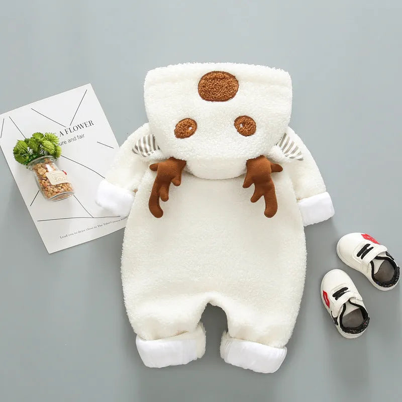 Long-sleeve baby romper with lace-up strap closure in khaki, pink, or white cotton blend fabric