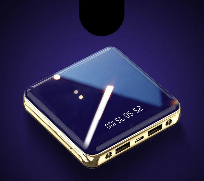 Blue mini power bank with aluminium shell showing USB charging ports