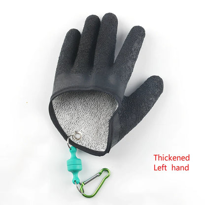 Purple anti-slip fishing gloves with latex coating and magnetic clip for puncture protection in left or right hand, 25cm length