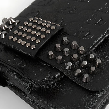 Black Shantou women's messenger bag with rivets, chain handle, and square shape for secure cross-body carry