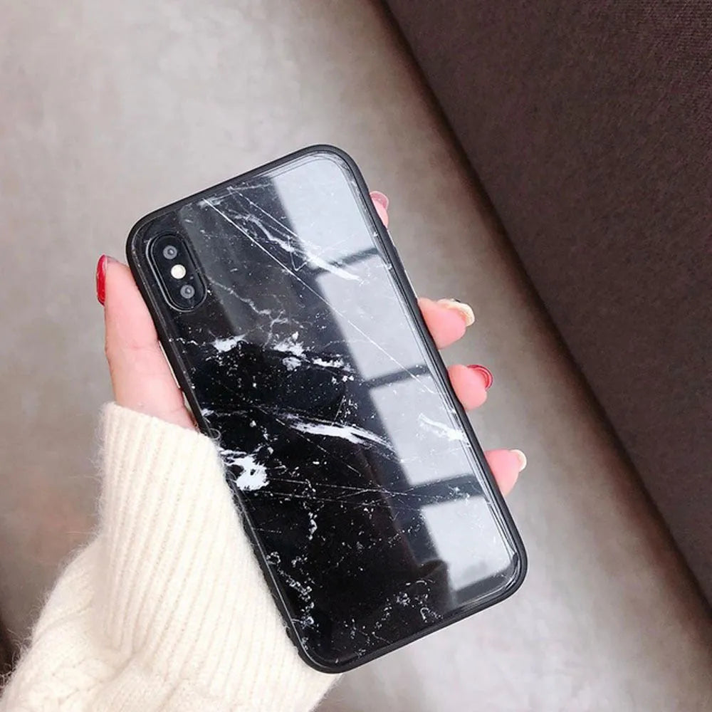 Marble glass phone case for iPhone with HD glossy mirror finish and soft TPU edge, beige colour