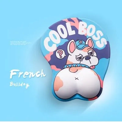 Blue 3D corgi design ergonomic mouse pad with raised wrist cushion on a desk