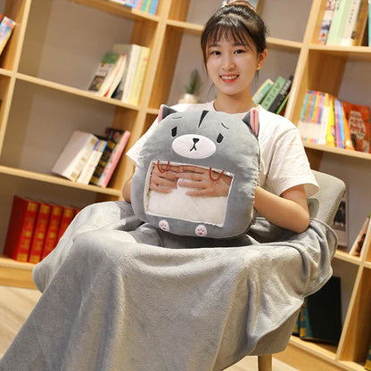 Winter hand warmer pillow with blanket and mobile phone holder in various styles