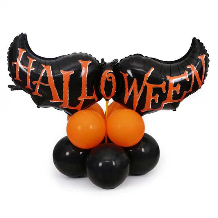 Helium-filled Halloween pumpkin balloons in various vibrant styles, perfect for decorating parties and homes