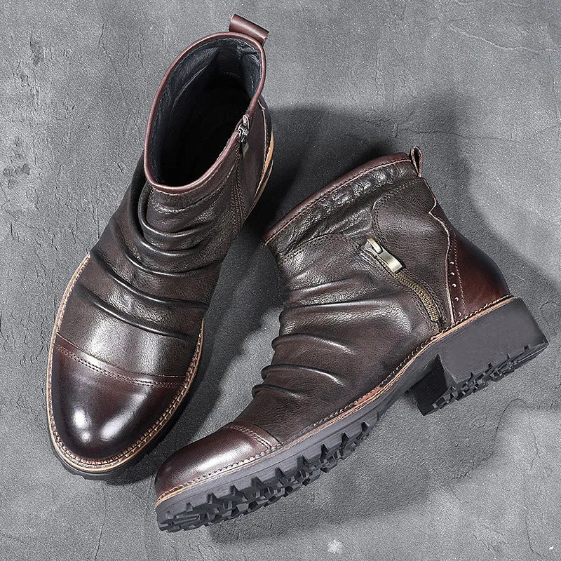 Black embossed PU Martin boots with a side zipper and a distinctive horseshoe heel.
