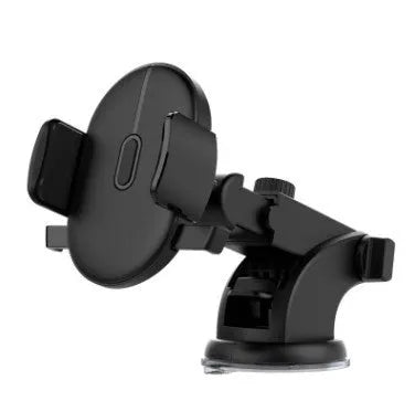 Black telescopic car dashboard phone holder with suction cup extended, showing 360-degree rotation.