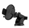 Black telescopic car dashboard phone holder with suction cup extended, showing 360-degree rotation.