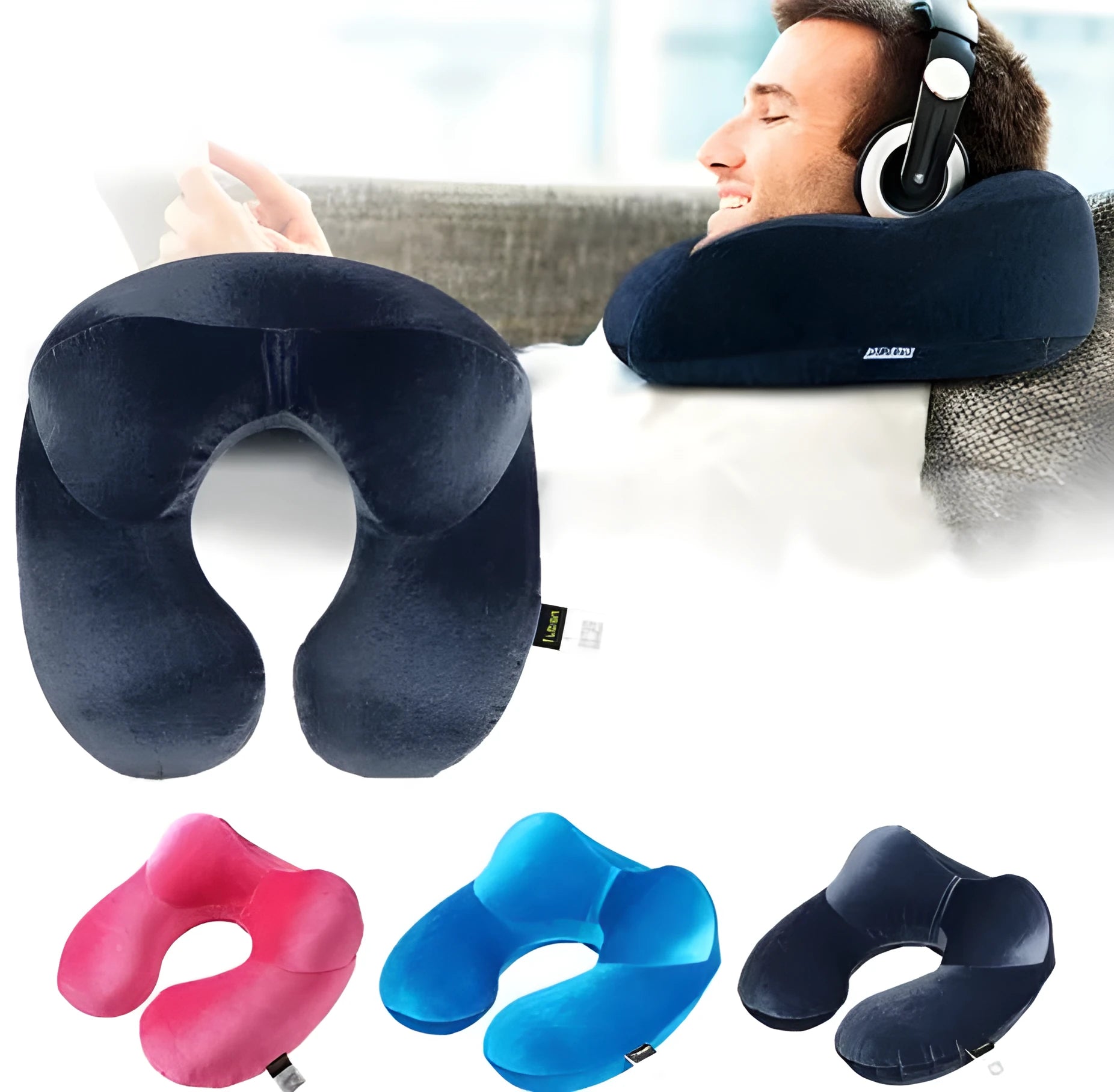 U-shape travel pillow in grey and blue for neck support on journeys