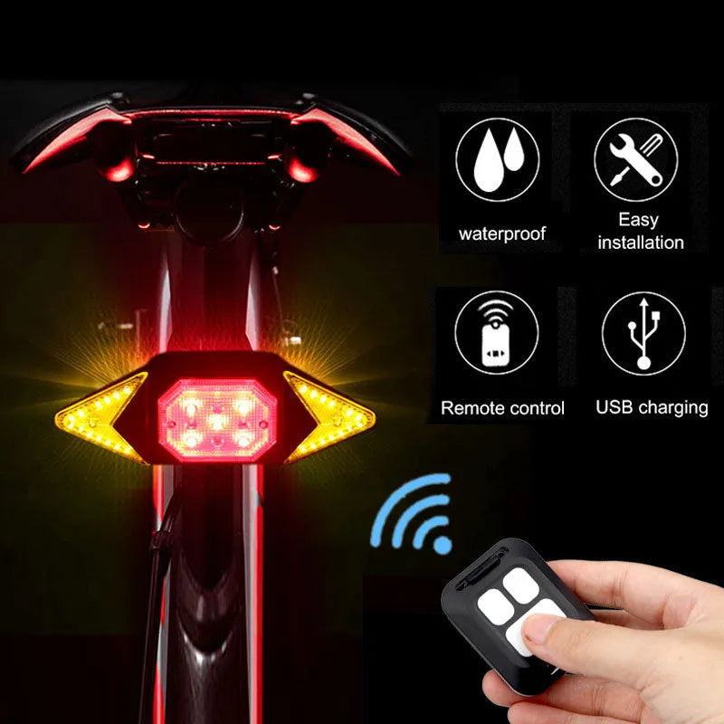 USB rechargeable bicycle turn signal LED light black with remote control mounted on handlebars