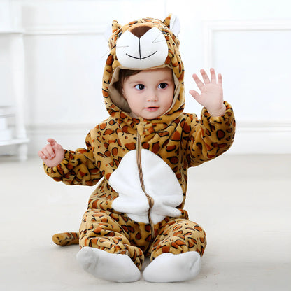 Cotton flannel baby romper with animal print design for winter wear, showing reinforced stitching and soft fabric texture