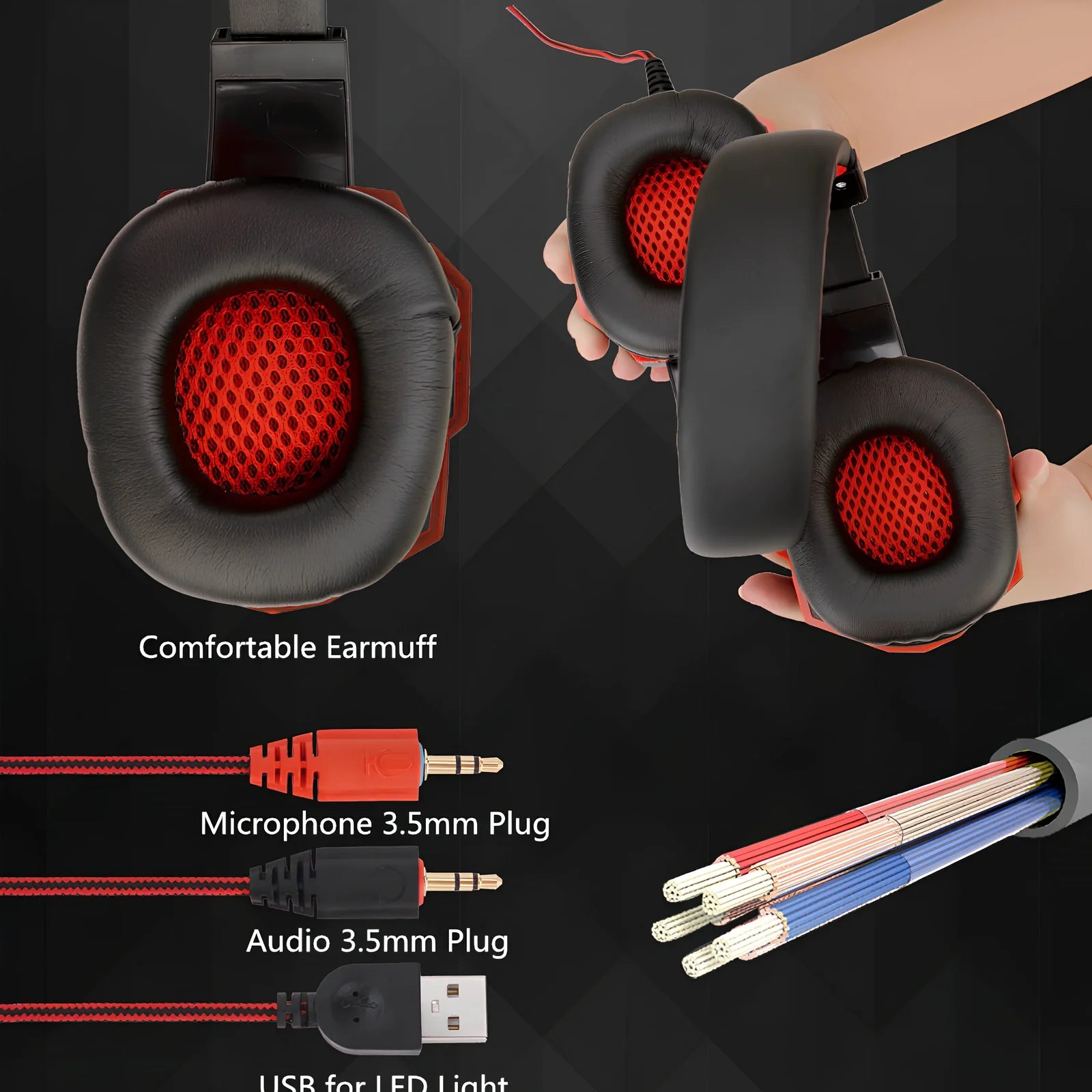 Black gaming headphones with adjustable microphone and braided cable showing 3.5mm plug