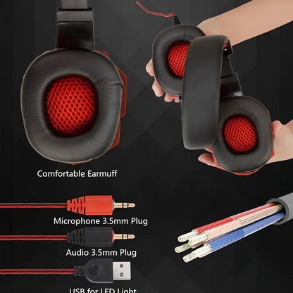 Black gaming headphones with adjustable microphone and braided cable showing 3.5mm plug