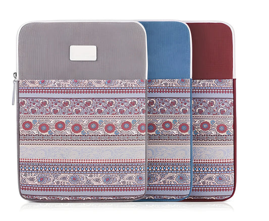 Canvas laptop sleeve showing size options for 11-15 inch devices with protective padding