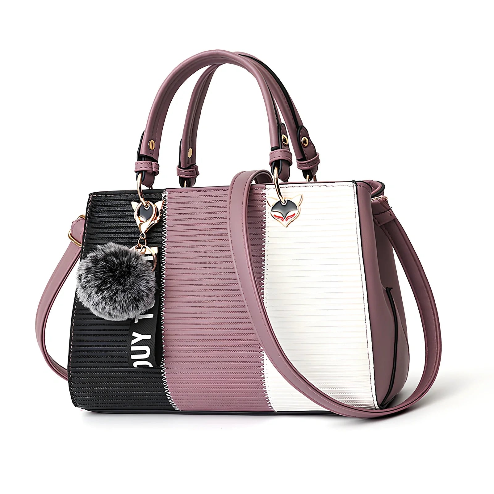 Women's grey PU leather patchwork messenger bag with crossbody strap and magnetic closure