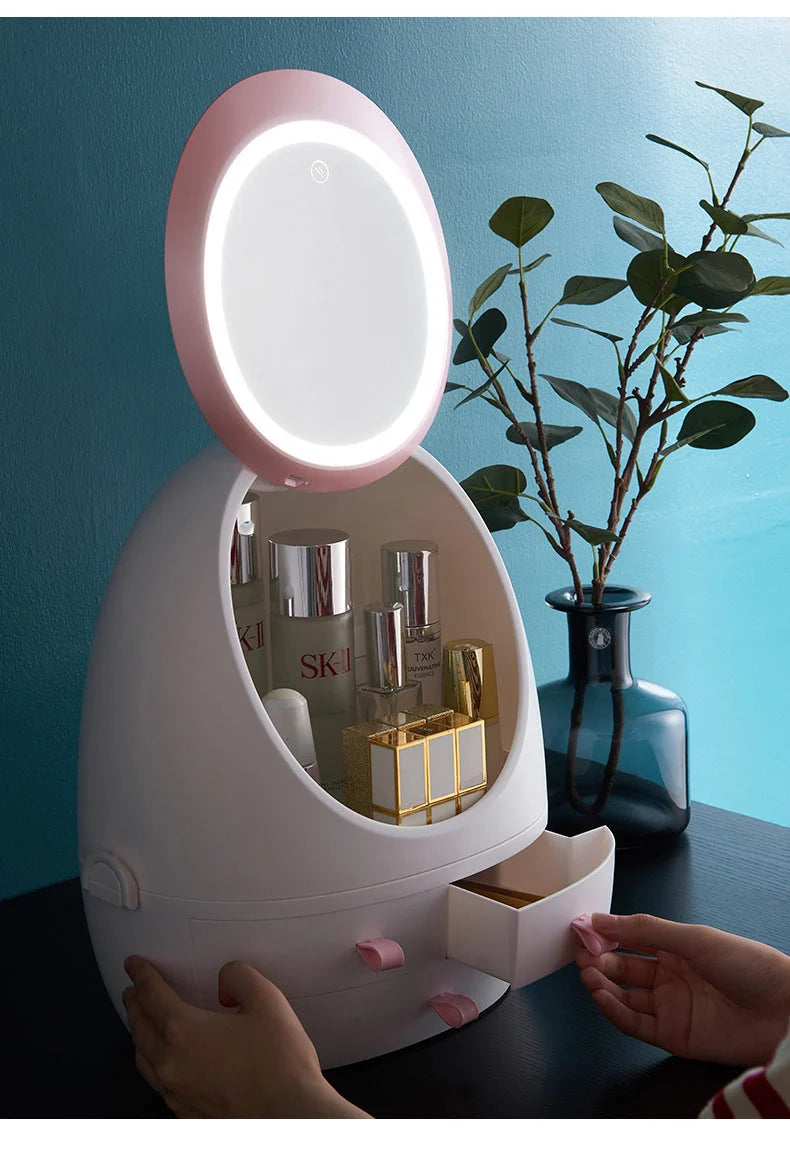Compact LED makeup mirror with USB charging option and included jewelry box