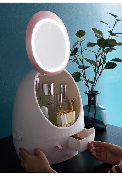 Compact LED makeup mirror with USB charging option and included jewelry box