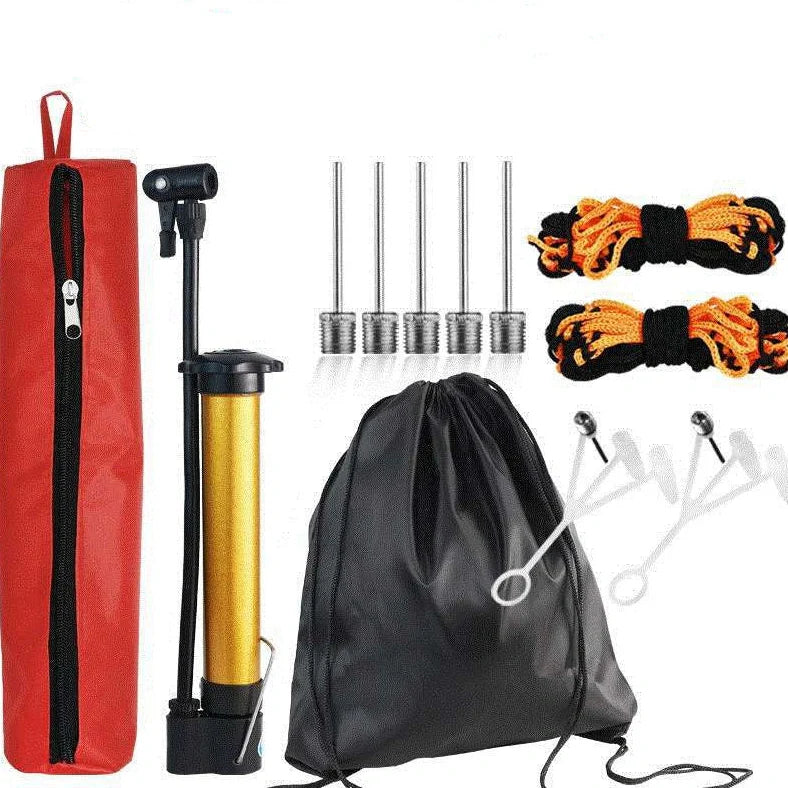 Basketball pump with dual-action air cylinder that inflates balls 40% faster than standard pumps, includes 5 ball needles and storage net for organised equipment maintenance