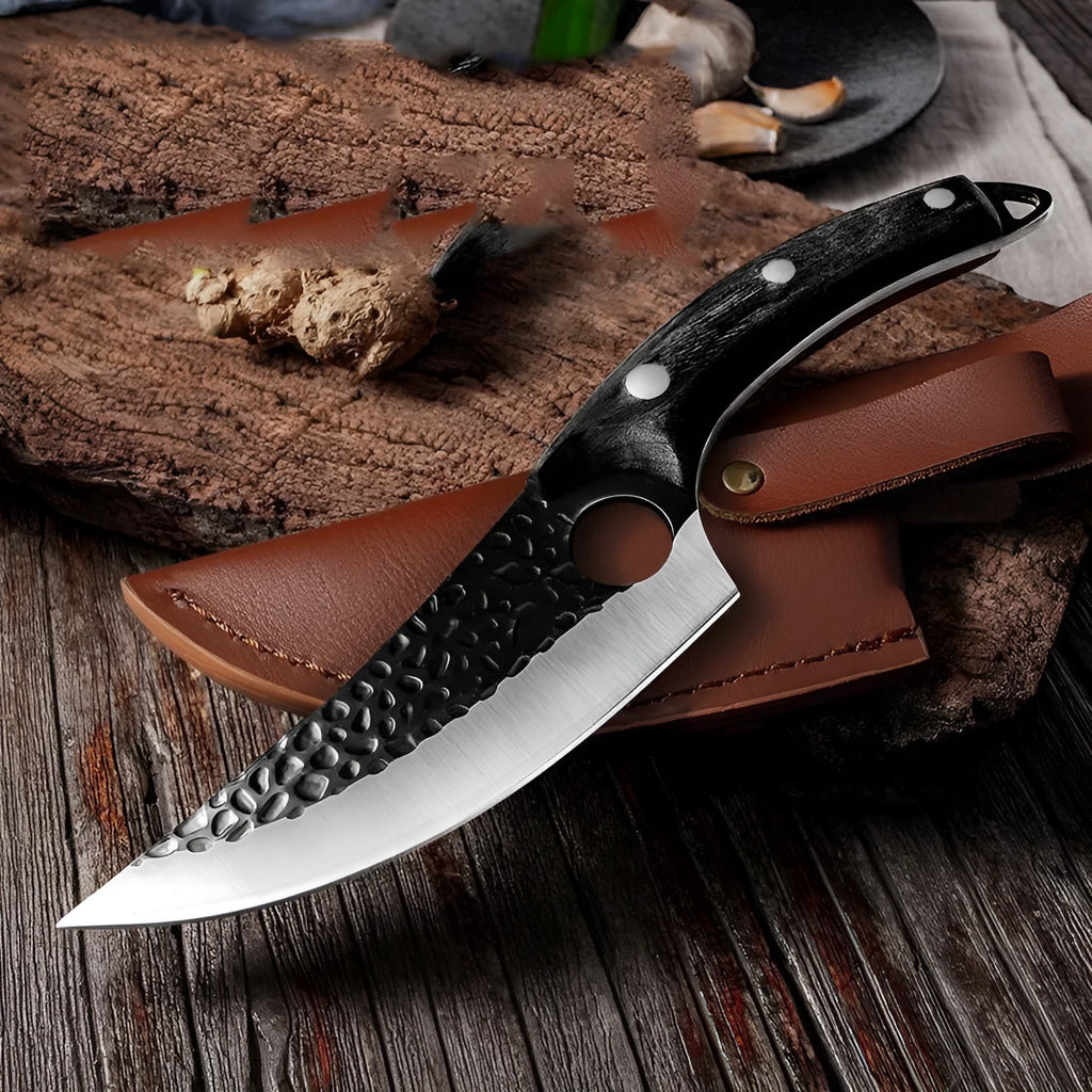 Butcher knife set with small scimitar skinning boning knife and leather sheath