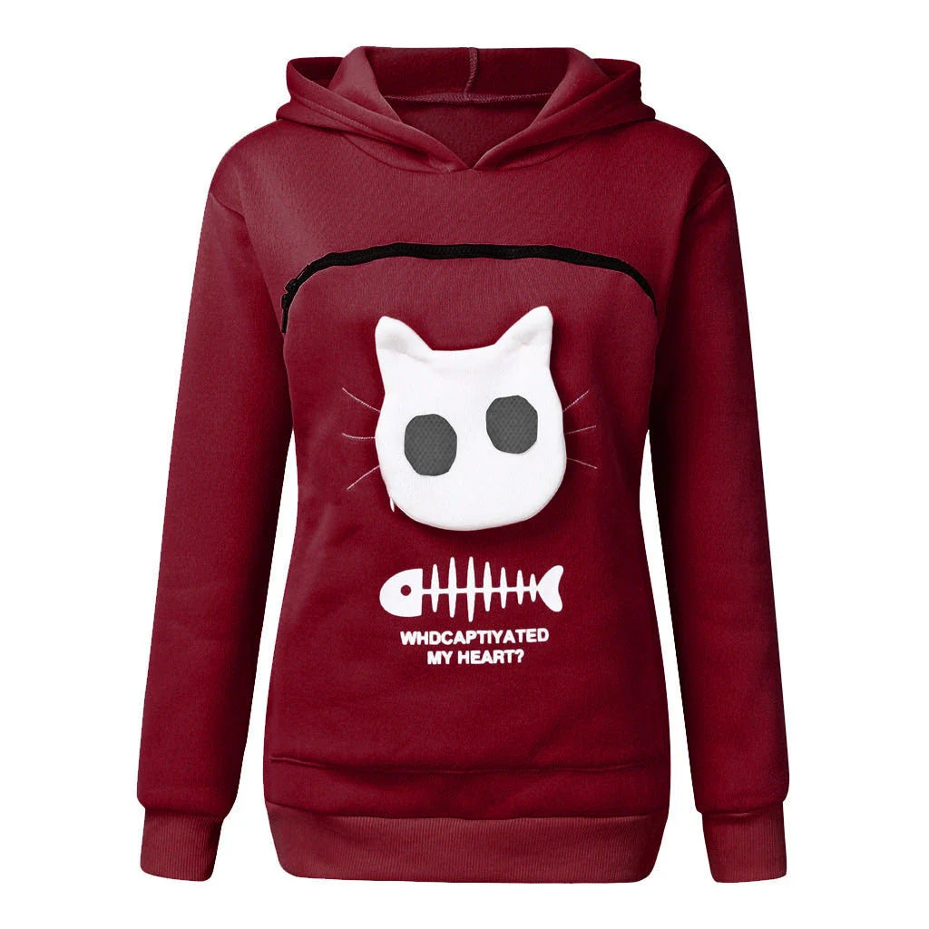 Women's cotton hoodie with unique cat pet pocket design in various colours