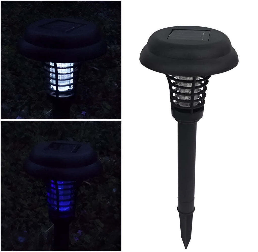 Black solar insect killing lawn lamp with dual white and UV purple lights for garden mosquito control